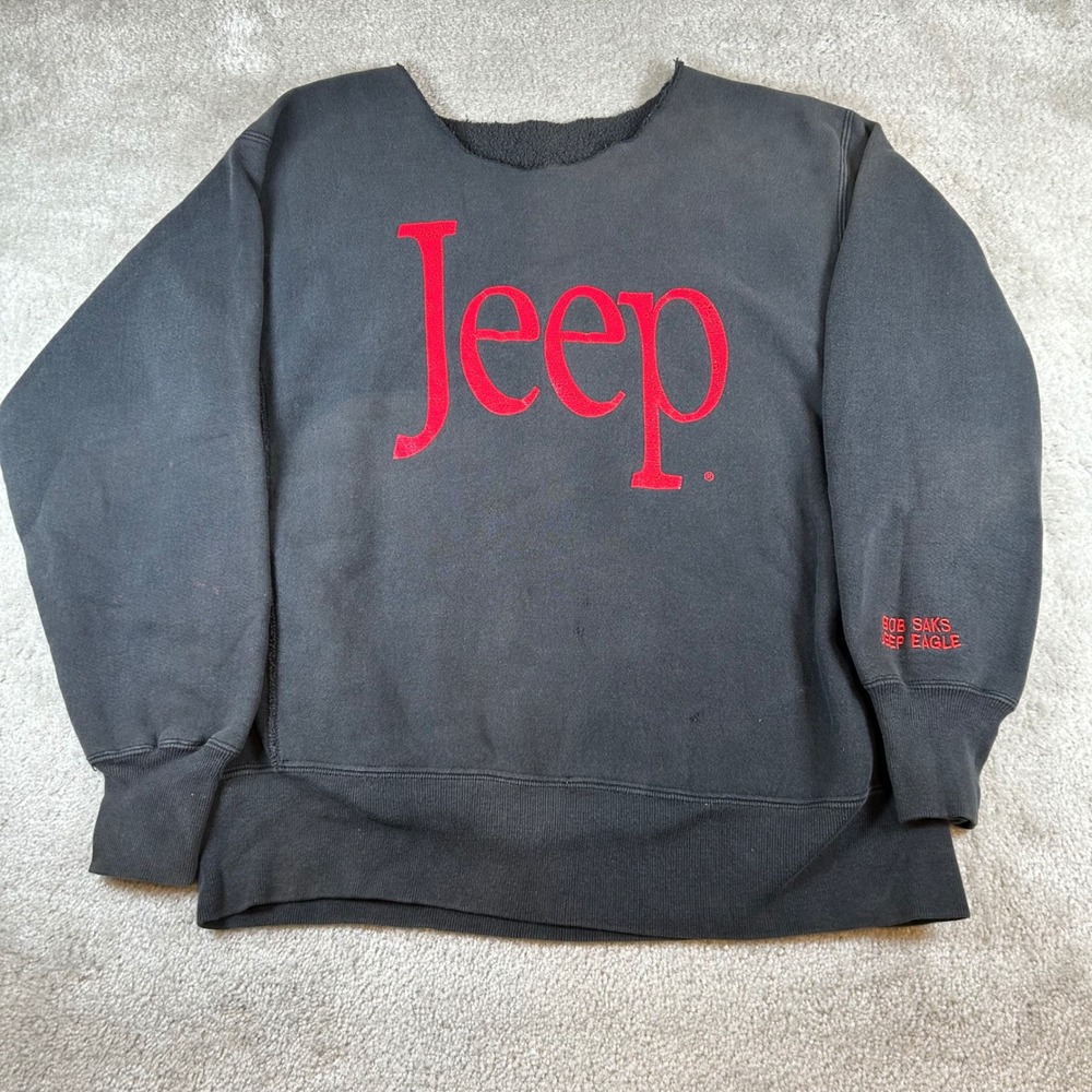 Vintage 90s Jeep Sweatshirt Mens XL Black Red Logo Bob Saks Jeep Eagle Raw Neck